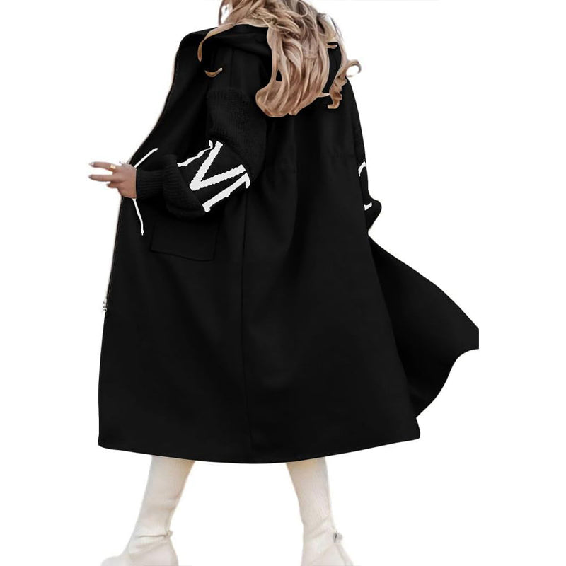 Women's Long Sleeve Letter Print Hooded Coat With Pockets - Zip Front Long Windbreaker For Spring&Fall