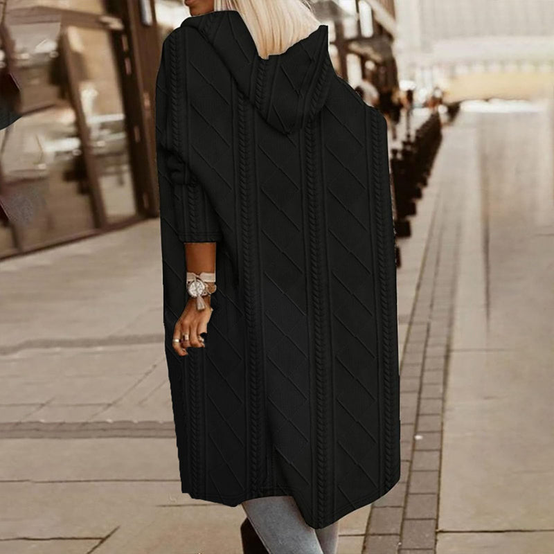 Women's Textured Hooded Longline Jacket, Solid Color Casual Oversized Top With Pockets For Fall & Winter