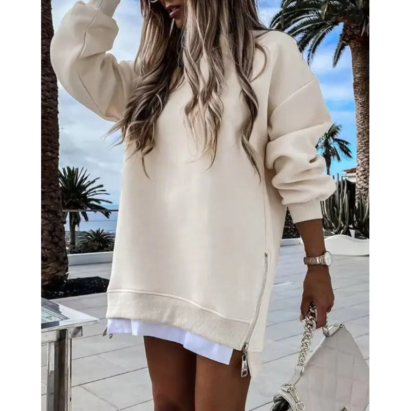 Fall Winter Fashion Stitching Side Zipper Design Pullover Sweater For Women