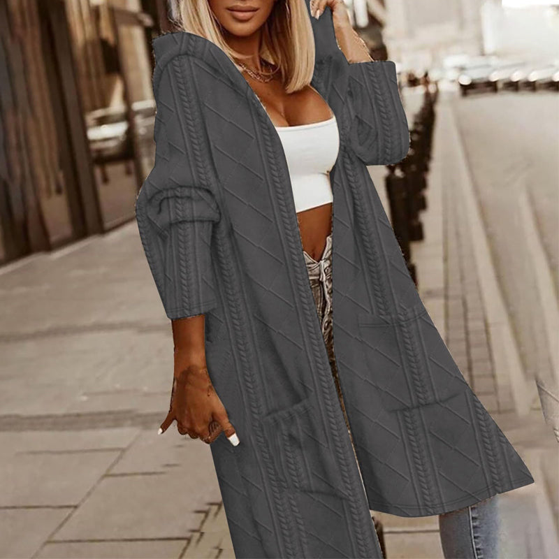 Women's Textured Hooded Longline Jacket, Solid Color Casual Oversized Top With Pockets For Fall & Winter