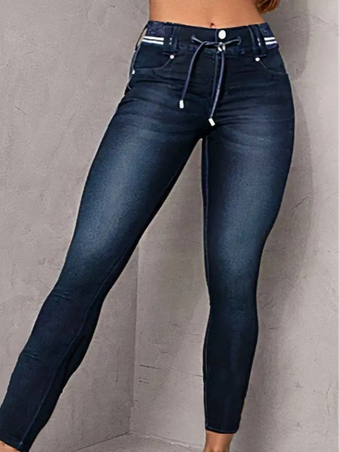Athleisure Style Skinny Jeans For Women, Mid-Rise Pull-On Denim With A Sporty Drawstring Waist, Butt-Lifting Dark Wash Jeggings