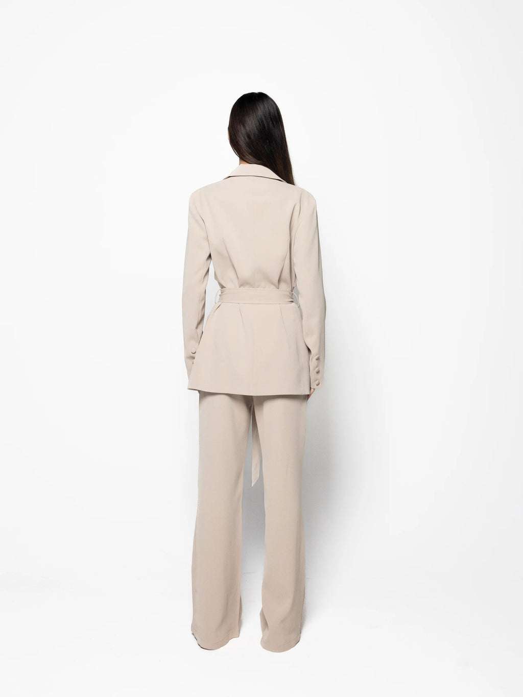 Elegant Solid Color Belted Blazer & High Waist Pants Set