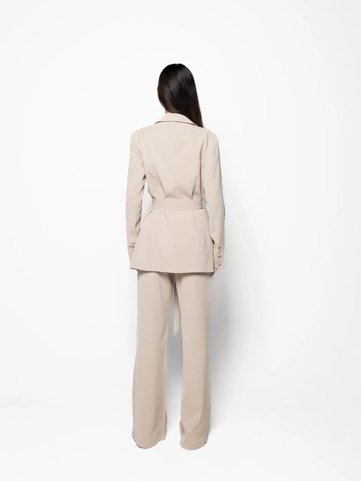 Elegant Solid Color Belted Blazer & High Waist Pants Set