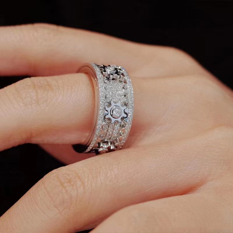 Ins European And American Titanium Steel Carving Inlaid Full Diamond Gear Ring