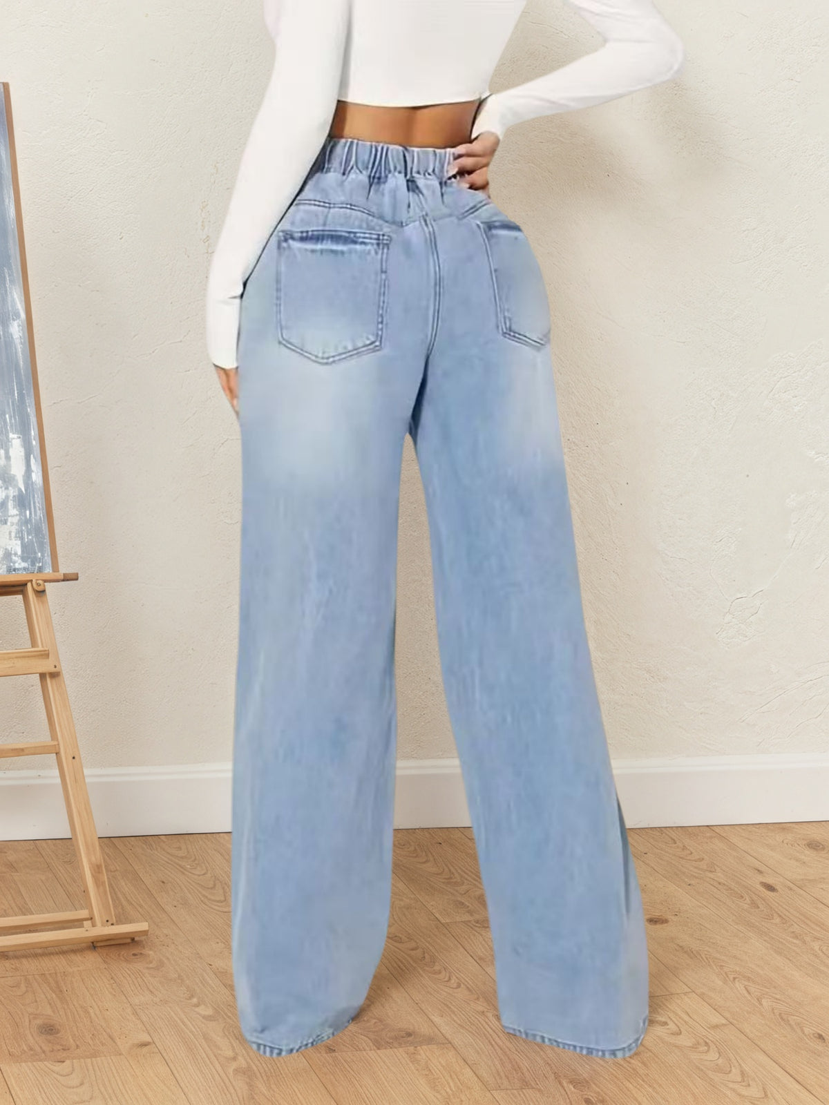 Women 2025 Casual Fashion High-waisted Denim Pants, Drawstring Design Loose Version Of Mopping Pants