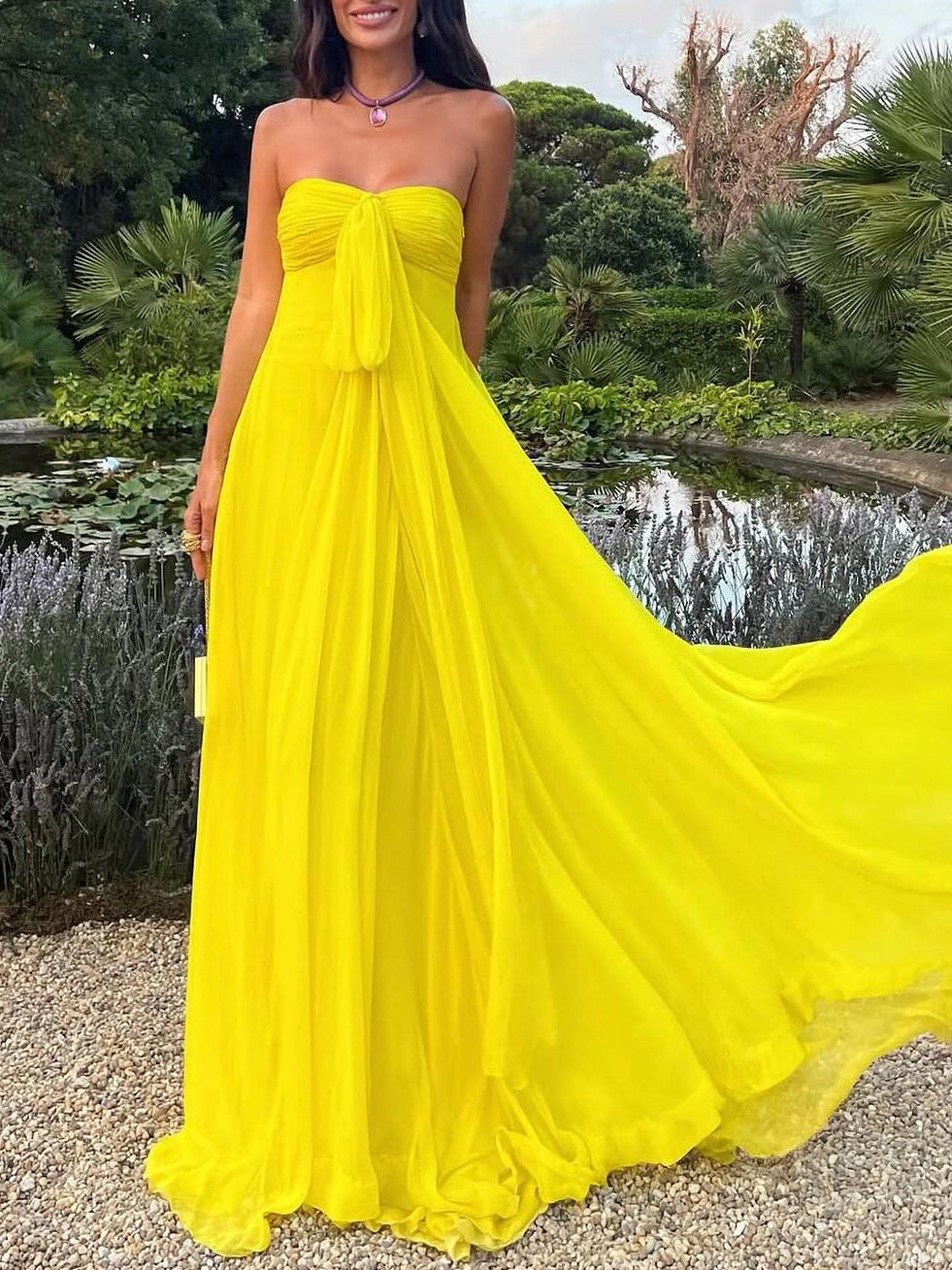 Yellow Strapless Bow Tie Maxi Dress
