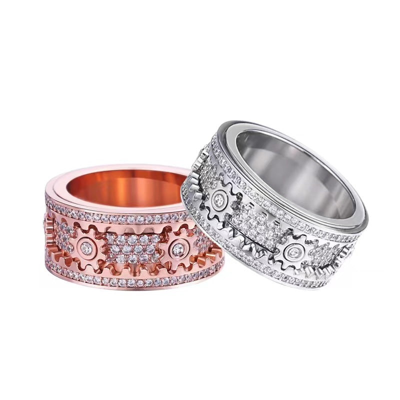 Ins European And American Titanium Steel Carving Inlaid Full Diamond Gear Ring
