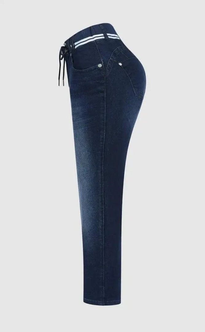 Athleisure Style Skinny Jeans For Women, Mid-Rise Pull-On Denim With A Sporty Drawstring Waist, Butt-Lifting Dark Wash Jeggings