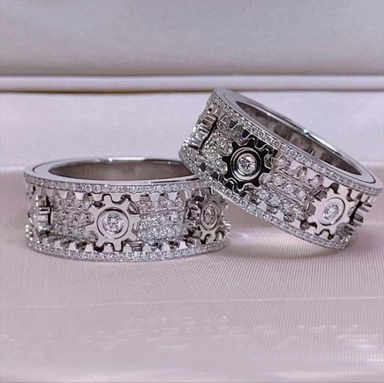 Ins European And American Titanium Steel Carving Inlaid Full Diamond Gear Ring