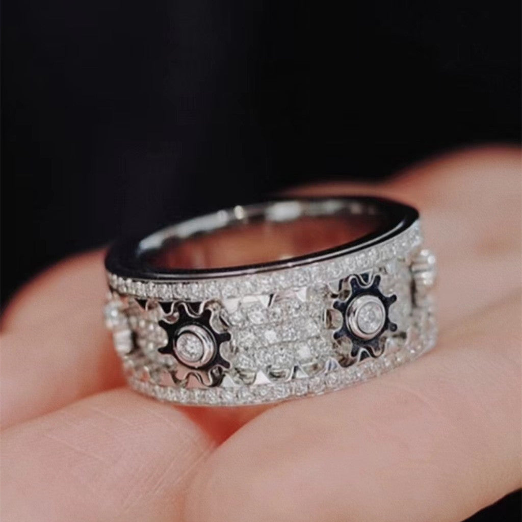 Ins European And American Titanium Steel Carving Inlaid Full Diamond Gear Ring
