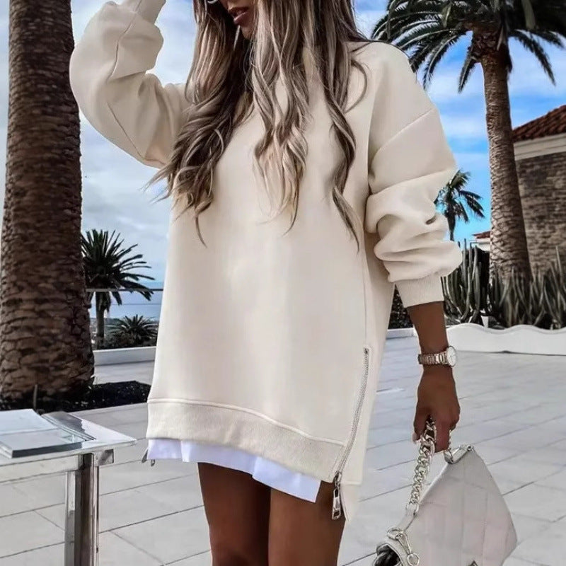 Fall Winter Fashion Stitching Side Zipper Design Pullover Sweater For Women