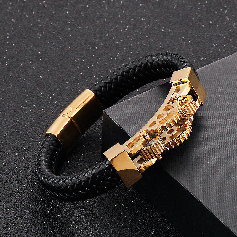 Men's Titanium Steel Biker Bracelet Gear Braided Leather