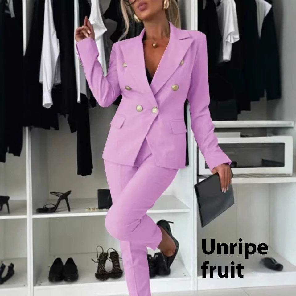 Casual Blazer Suit Slim Lapel Double-breasted Jacket And Zip-up Trousers Women's Clothing