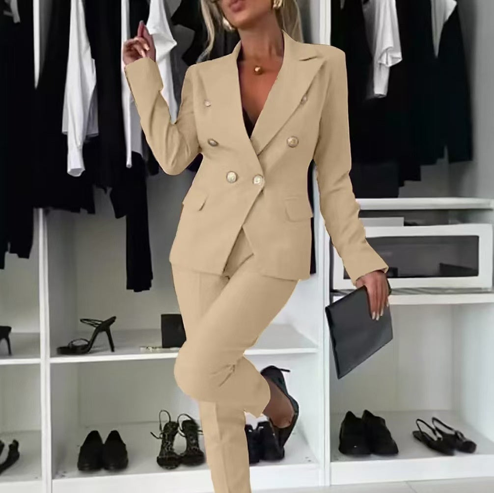 Casual Blazer Suit Slim Lapel Double-breasted Jacket And Zip-up Trousers Women's Clothing