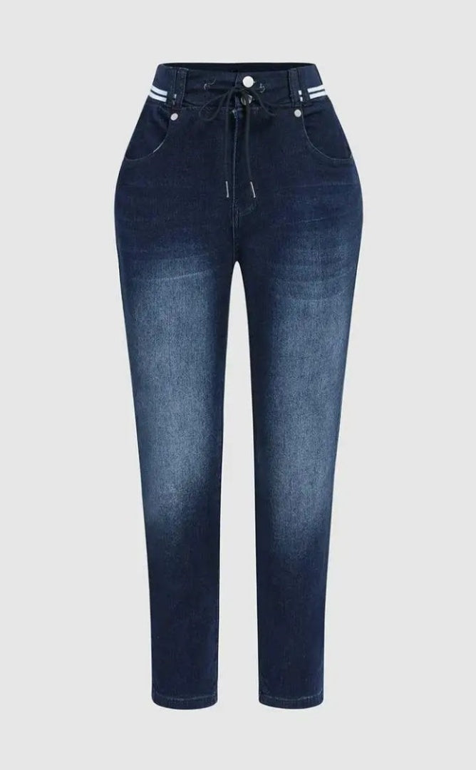 Athleisure Style Skinny Jeans For Women, Mid-Rise Pull-On Denim With A Sporty Drawstring Waist, Butt-Lifting Dark Wash Jeggings