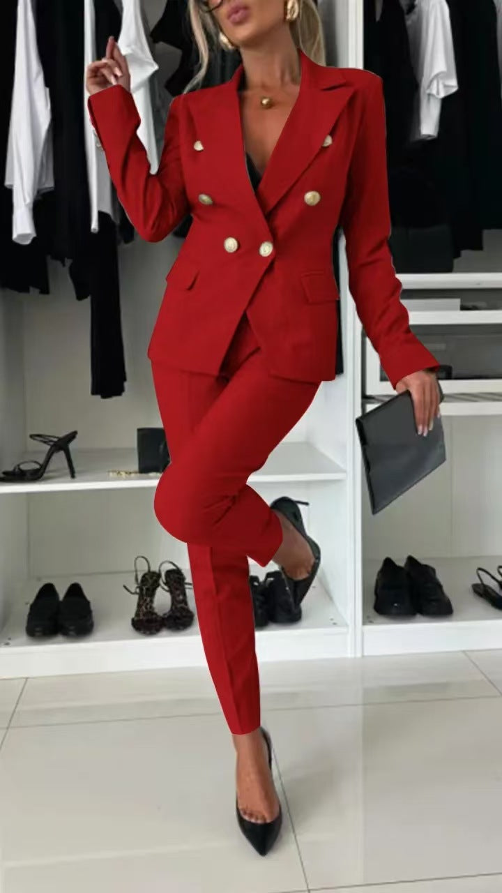 Casual Blazer Suit Slim Lapel Double-breasted Jacket And Zip-up Trousers Women's Clothing