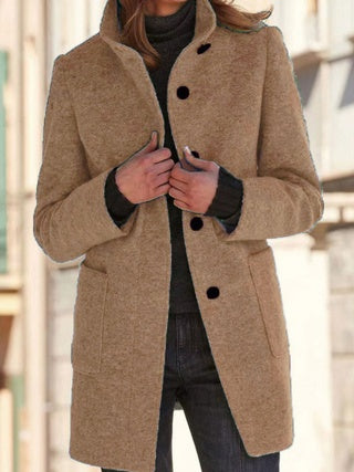 Women's New Vintage Solid Color Button-up Stand-up Collar Woolen Jacket