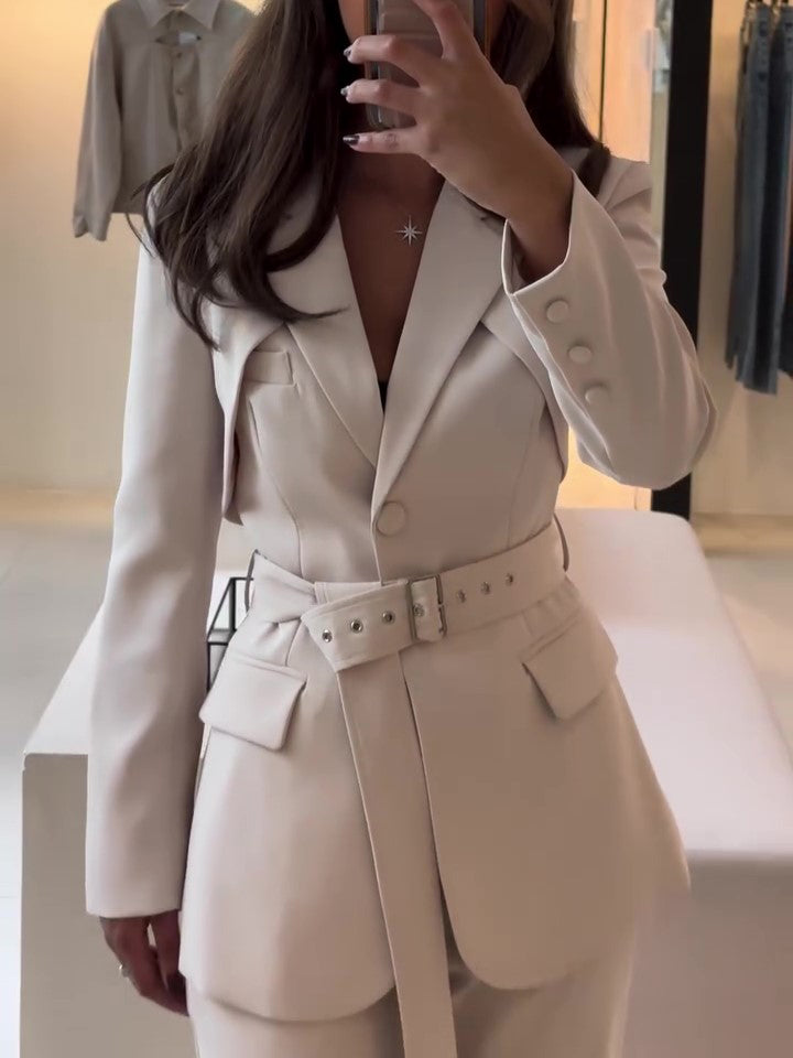 Elegant Solid Color Belted Blazer & High Waist Pants Set