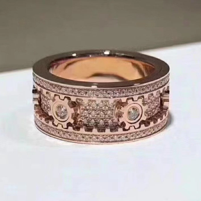 Ins European And American Titanium Steel Carving Inlaid Full Diamond Gear Ring