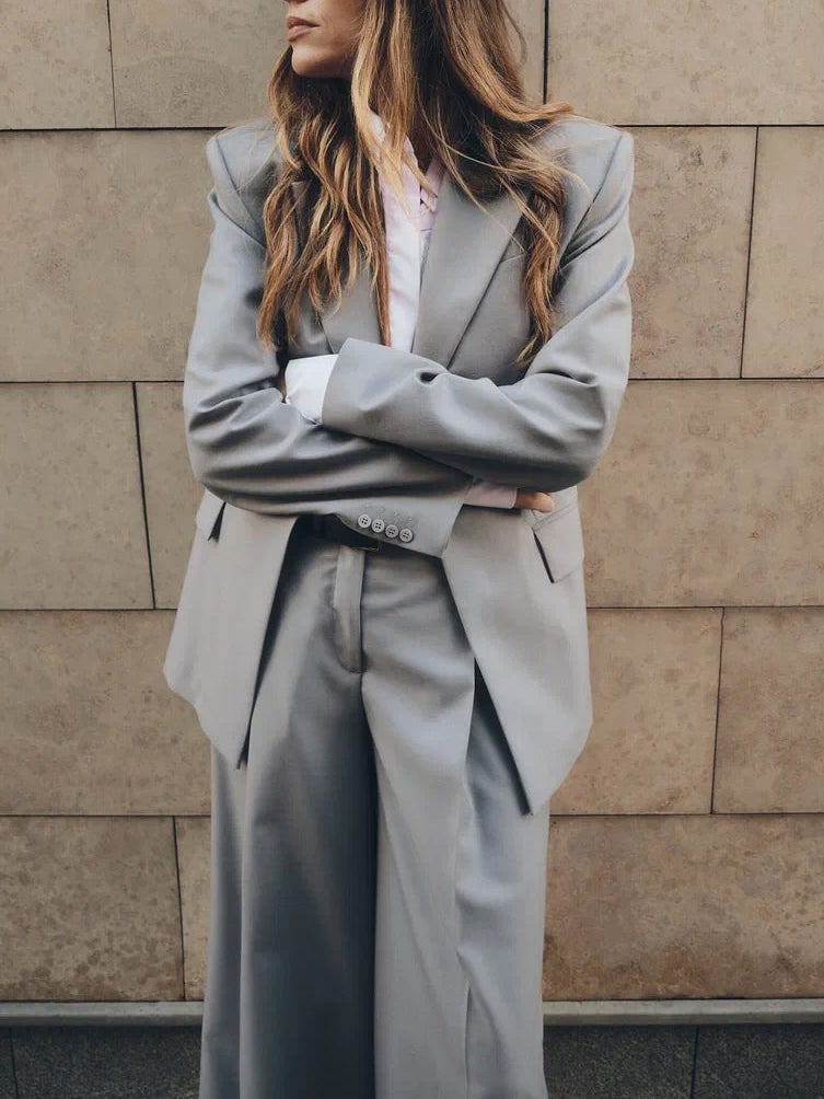 Gray Single-button Blazer & Wide-leg Pants Suit