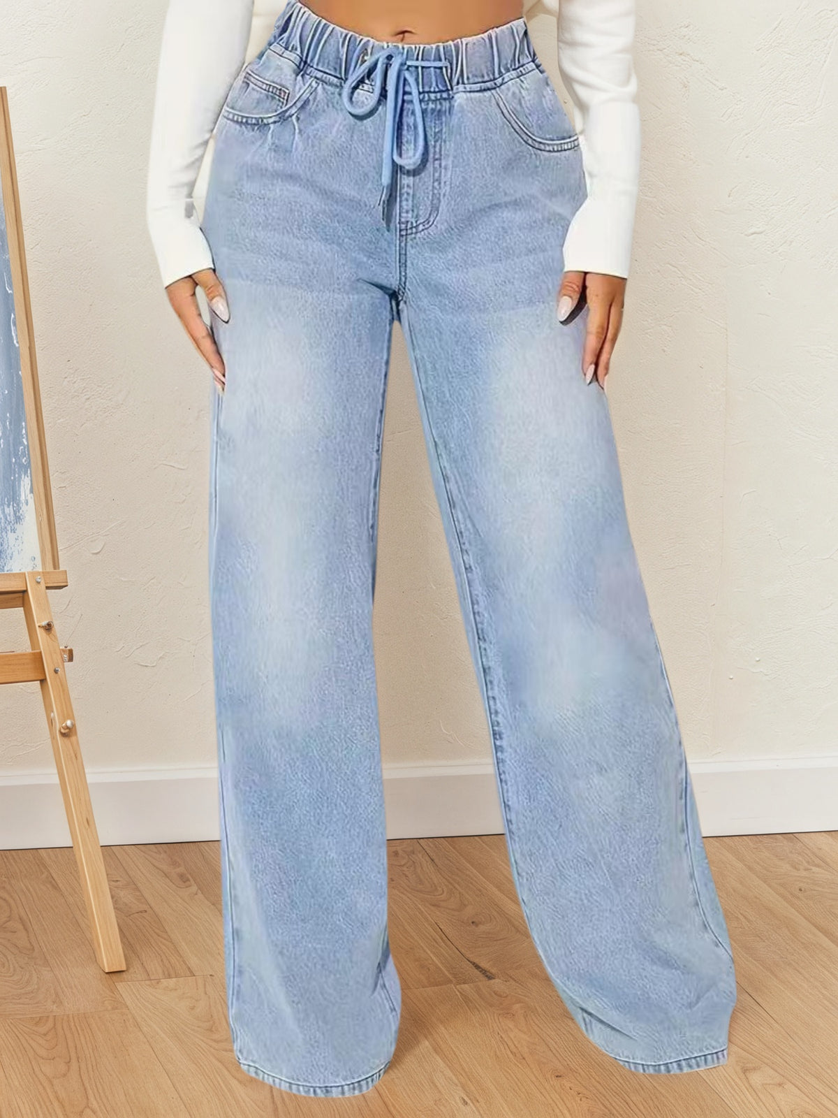Women 2025 Casual Fashion High-waisted Denim Pants, Drawstring Design Loose Version Of Mopping Pants