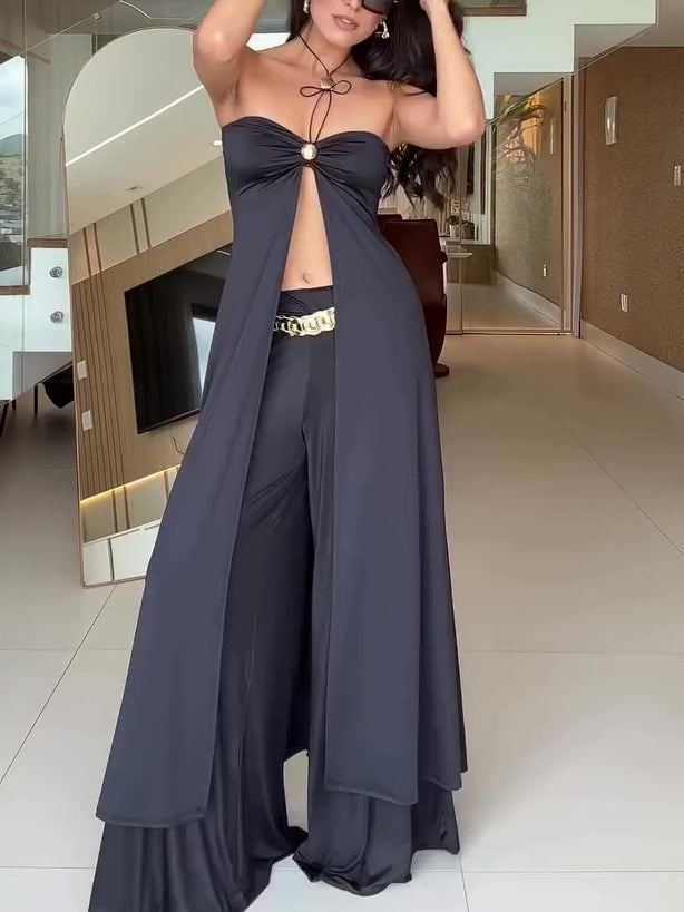 Black Tube Top Long Top & Wide Leg Pants Set