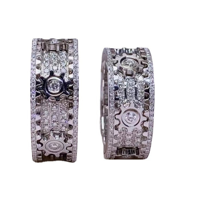 Ins European And American Titanium Steel Carving Inlaid Full Diamond Gear Ring