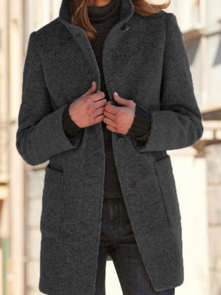 Women's New Vintage Solid Color Button-up Stand-up Collar Woolen Jacket