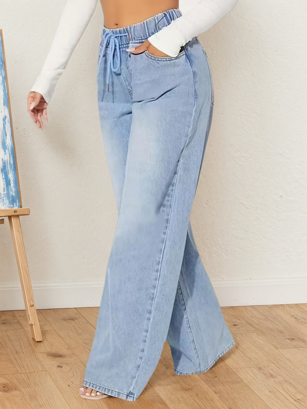 Women 2025 Casual Fashion High-waisted Denim Pants, Drawstring Design Loose Version Of Mopping Pants