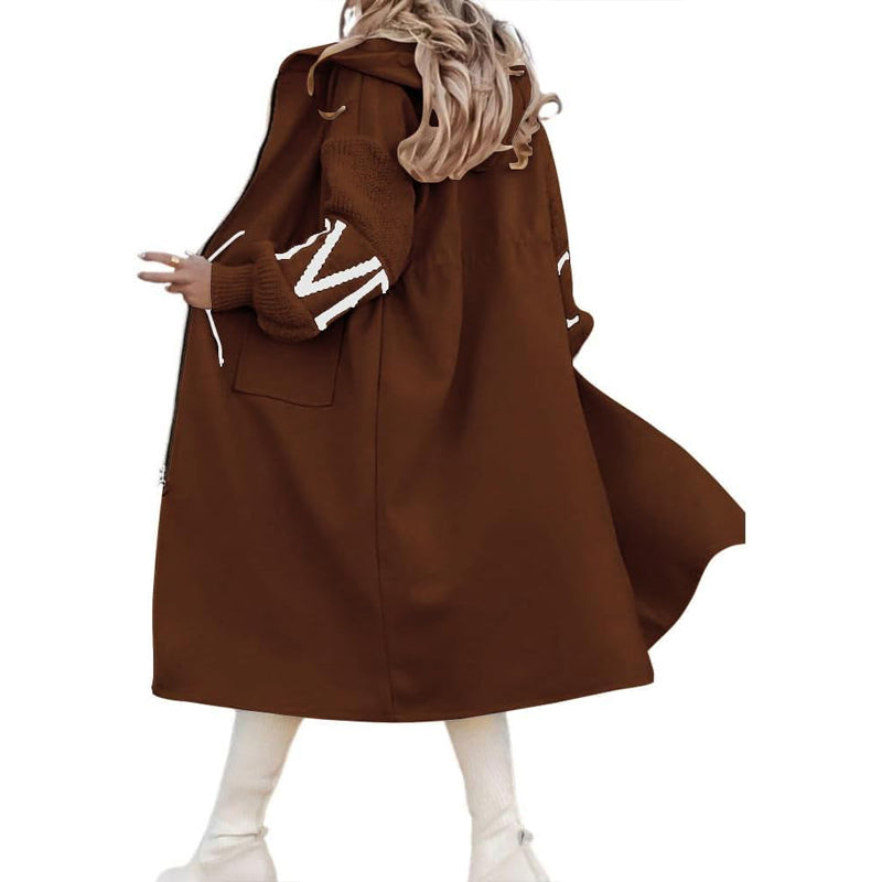 Women's Long Sleeve Letter Print Hooded Coat With Pockets - Zip Front Long Windbreaker For Spring&Fall