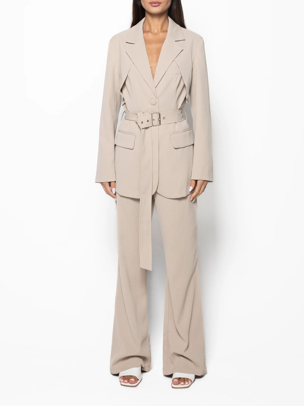 Elegant Solid Color Belted Blazer & High Waist Pants Set