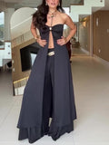 Black Tube Top Long Top & Wide Leg Pants Set