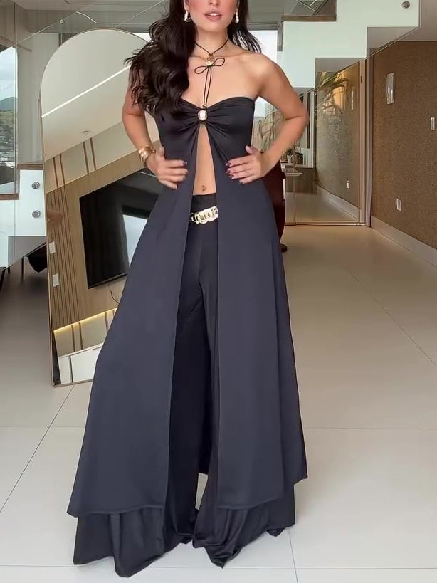 Black Tube Top Long Top & Wide Leg Pants Set